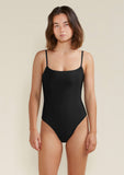 Model wearing Tama Swim harlow One Piece in colour black